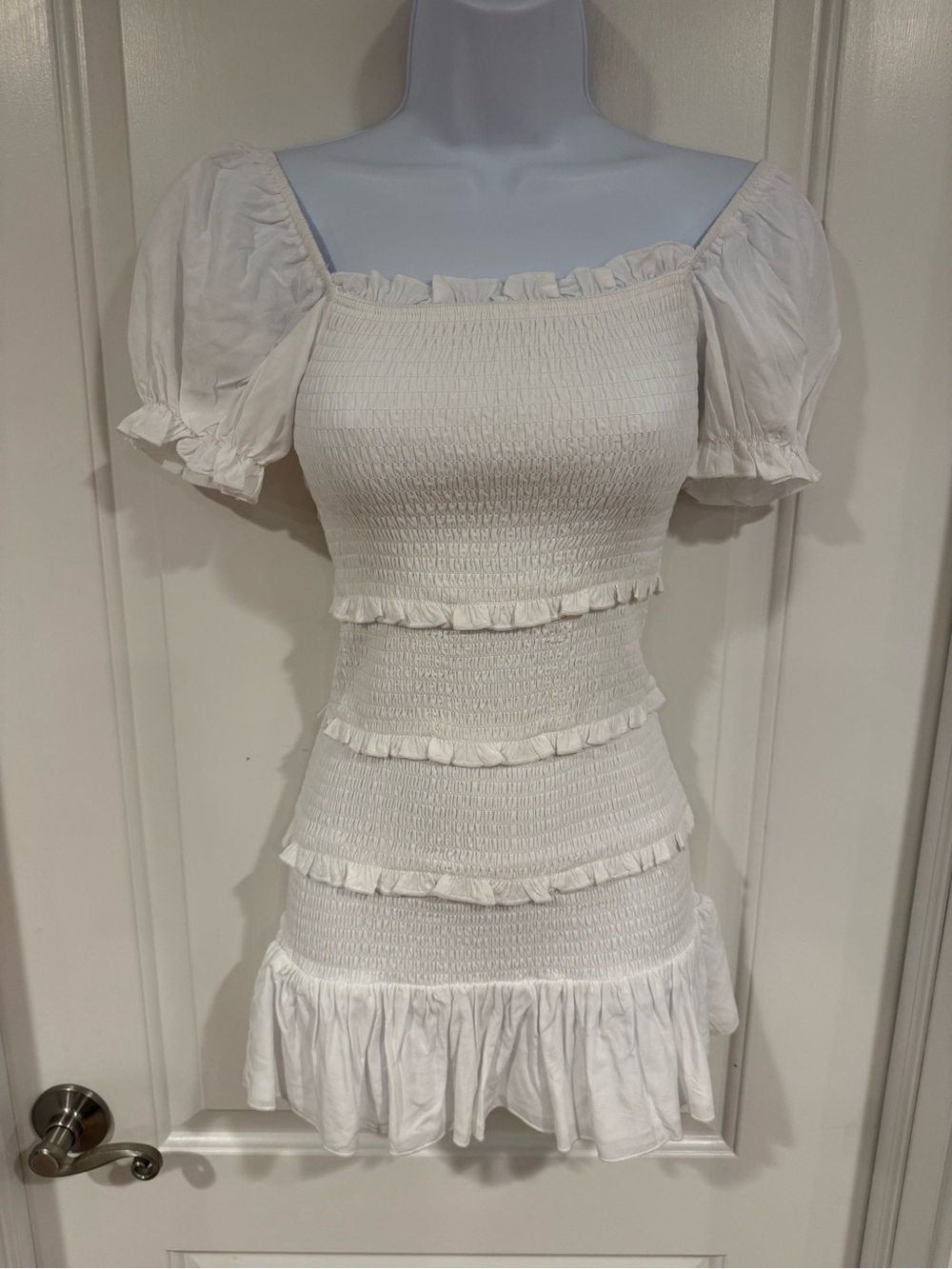 Katie J NYC White Smocked Ruffle Mini Dress